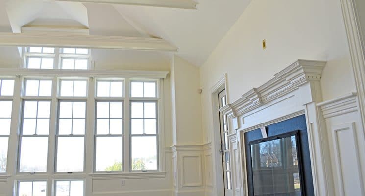 white dove painted trim and fireplace mantel