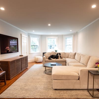 Interior painting project in Concord Massachusetts, TV room featuring a cozy atmosphere with a dog lounging on the couch